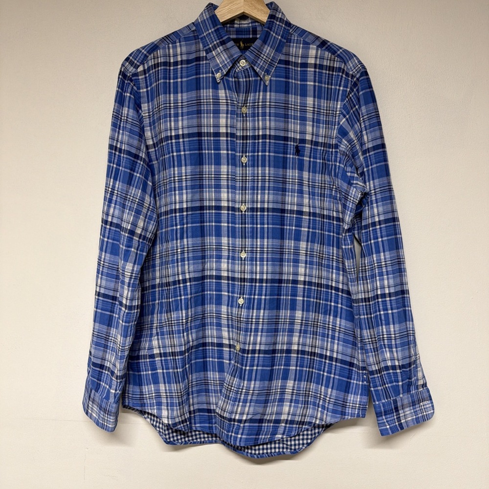 Ralph Lauren Mens Plaid Button Down Shirt Blue Long Sleeve Classic Fit Size M
